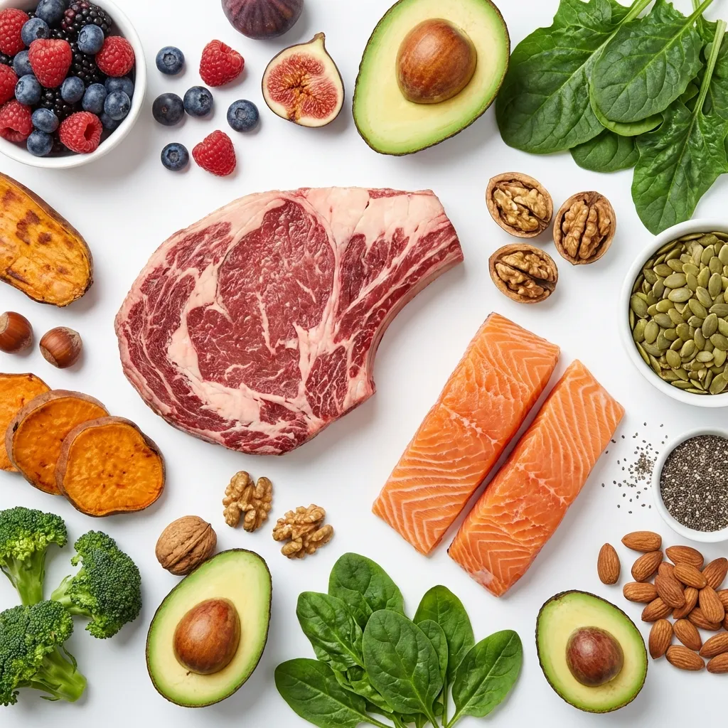Produkty paleo - mięso, ryby, owoce, orzechy, brak zbóż